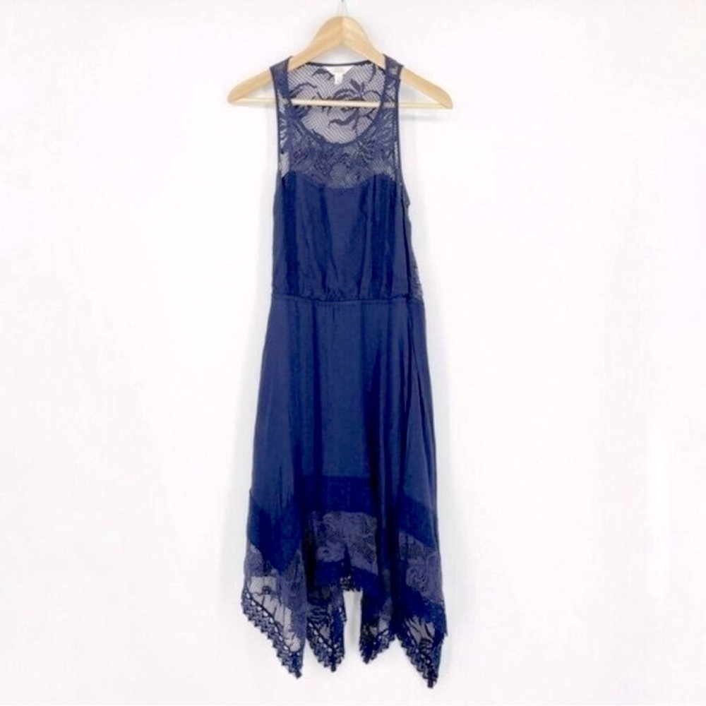SUN & SHADOW Boho Lace asymmetrical hem midi dress Navy women’s size L